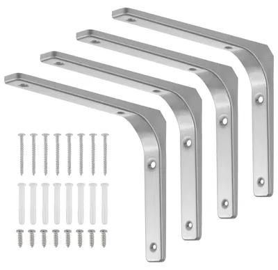 Image de Supports de fixation pour étagères robustes - Lot de 4 - Acier inoxydable - 200 x 250 mm - Capacité de charge : 50-70 kg - Livrés avec vis et chevilles - Supports d'étagères