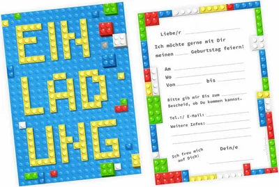 Produktbild von 10 Einladungskarten Bausteine Bricks Bauklötze inkl. 10 transparenten Briefumschlägen Kindergeburtstag  Junge Einladung