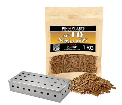 Produktbild von PINI Set Räucherbox Edelstahl Smokerbox und Pellets Nr 10 Buche + Erle 1 kg für alle Arten von Grills und Smokern