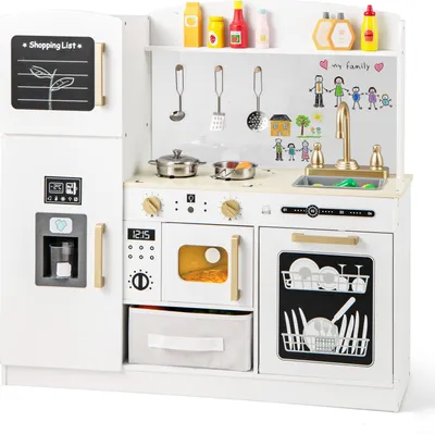 Produktbild von GOPLUS Spielküche für Kinder, Kinderküche aus Holz mit Stoffschublade, Tafel, Geschirrspüler, Eismaschine & Mikrowelle, Weiß