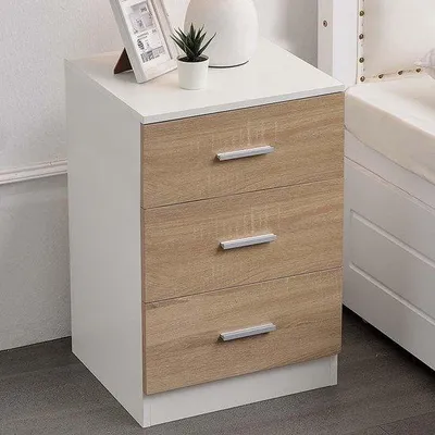Obrázek produktu pro Moderní noční stolek se třemi zásuvkami, minimalistický design v bílé a dubové barvě
