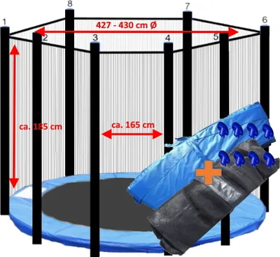 Produktbild von walexo Trampolin Randabdeckung + Sicherheitsnetz für 8 Stangensystem ( 427 cm Ø, Blau/Schwarz )