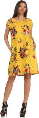 Produktbild von 330 Mississhop Damen Boho Kleid 100 % Leinenkleid Strandkleid schickes elegantes Sommerkleid Blumen Muster Gelb