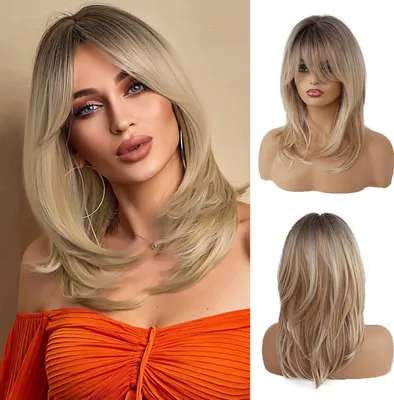Produktbild von Ombre Blonde Lange Synthetische Haarperücke 16 Zoll Geschichtet Leicht Gebogen