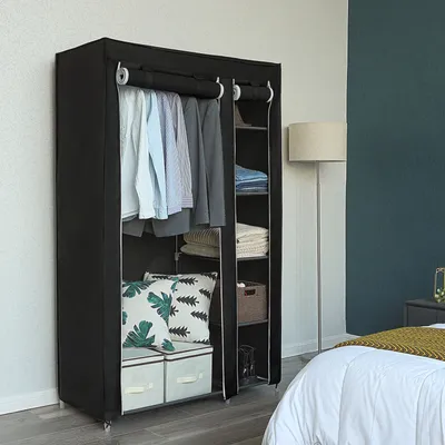 Produktbild von SONGMICS Stoffschrank schwarz mit Stange und Tür XL 175 x 110 x 45 cm Kleiderschrank Garderobe Faltschrank LSF007