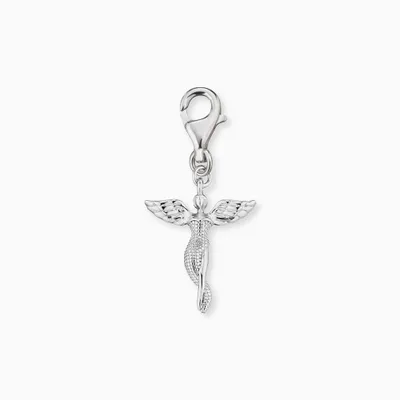 A silver angel charm with wings, attached to a clasp, against a white background.