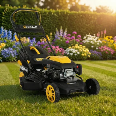 Produktbild von Craftfull Benzin Rasenmäher | 4-in-1 - 190 ccm Motor - 53 cm Schnittbreite - 6 PS - Elektrostarter - Mulchfunktion - Seitenauswurf - 60 Liter Fangkorb