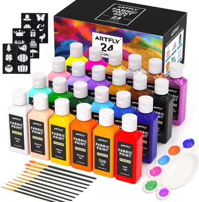 Image de Ensemble de peintures textiles permanentes, 24 couleurs x 60 ml, pour vêtements. Peintures textiles non toxiques et résistantes à l'eau, idéales pour les t-shirts et les chaussures