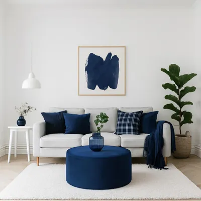 Immagine prodotto di Pouf in velluto blu scuro, diametro 73 cm, altezza 29 cm – poggiapiedi rotondo di grandi dimensioni
