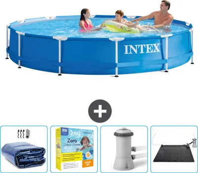 Produktbild von Intex-Schwimmbecken mit rundem Rahmen – 366 x 76 cm – Blau – im Lieferumfang enthalten Sonnensegel - Wartungspaket - Filterpumpe für Schwimmbad - Solarmatte