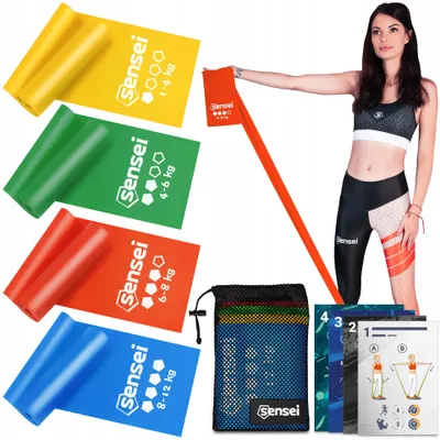 Obrázek produktu pro Sensei Sada elastických gumových pásek pro jógu, fitness a rehabilitaci (4 kusy, různé délky a odpor)