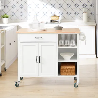 Produktbild von SoBuy FKW103-WN Design Küchenwagen mit Arbeitsplatte Kücheninsel Küchenschrank Küchentrolley Weiß-Natur BHT ca.: 108x89x48cm