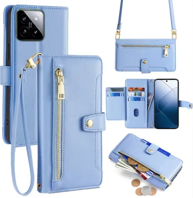 Produktbild von Handykette Xiaomi Hülle mit Band Handyhülle Kartenfächer Kunstleder Umhängetasche 14 Hellblau