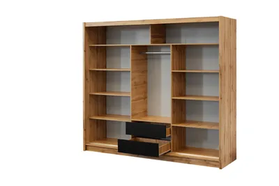 Produktbild von Easy4You London Eiche Wotan Kleiderschrank Schiebetüren 250x215x60 cm mit Spiegel - Schlafzimmermöbel, Aufbewahrung – Mehrzweckschrank Geriffelte Fronten