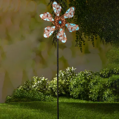 Produktbild von Metall Windblume selbstleuchtend - H 80 cm - Deko Gartenstecker Windrad phosphoreszierend