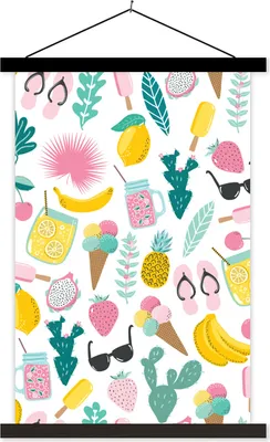 Produktbild von MuchoWow® Textilposter Sommer - Symbole - Weiß 120x180 cm mit schwarzem Rahmen - Fotos