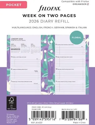 Produktbild von FILOFAX Kalendereinlage 2026 - Pocket - 1 Woche = 2 Seiten -  Illustrated Diary Floral - mehrsprachig - 026-6321