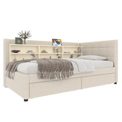 Produktbild von Merax Tagesbett 90x200cm, Schlafsofa mit 2 Schublade, USB, Typ C, Regale, Kopfteil, Rückenlehne, Lattenrost, Daybett, Polsterbett, Leinen, Beige