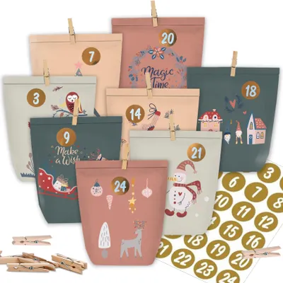 Adventskalender zum Selbstbefüllen, 24 Papier-Tüten mit Zahlenstickern