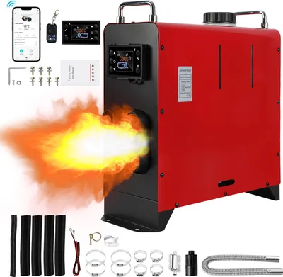 Zdjęcie produktu dla Jayseuw, ogrzewanie dieselowe 12/24V DC, 8KW, z Bluetooth, przenośna grzałka powietrza, kompaktowa, zużycie paliwa 0,32 l/h, czerwona