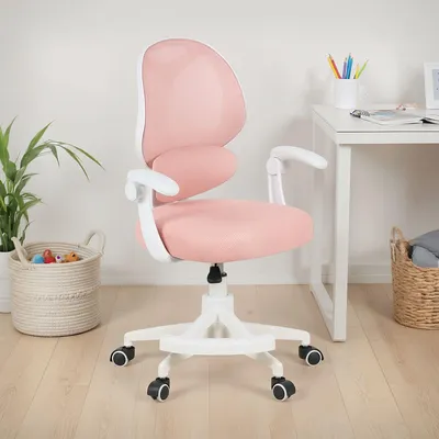 Produktbild von Schreibtischstuhl ISLA mit Fußstütze, Rosa – ergonomischer Schreibtischstuhl für Kinder und Jugendliche, höhenverstellbar, drehbar mit Lendenstütze,  atmungsaktiver Netzrücken, Armlehnen