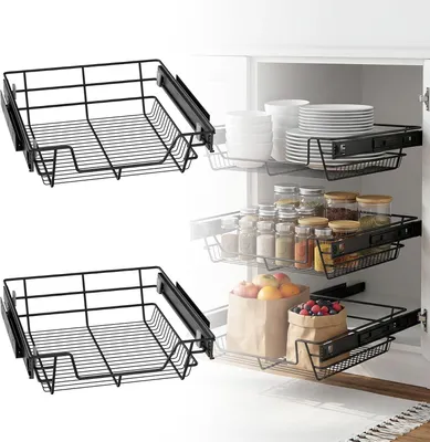 Produktbild von 2er-Set Teleskopschubladen für Küchenschränke, Ausziehkörbe aus schwarzem Metall mit Schienen, für 50 cm Schrankbreite, Schubladeneinsatz und Küchen-Organizer