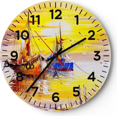 Produktbild von Wanduhr - Rund - Glasuhr - Boote Sonne Meer Reisen - 40x40cm - Schleichendes Uhrwerk - Lautlos - zum Aufhängen bereit - Dekoration Modern - Wanddekoration aus Glas - C4AR40x40-2882
