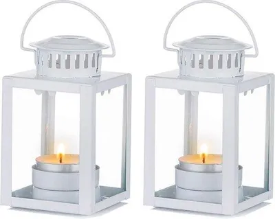 Zdjęcie produktu dla Zestaw 2 białych, wiszących lampionów na świeczki – idealne do dekoracji wnętrz i ogrodów, np. na wesele, ogród lub stół. Średnica podstawy: 6,2 cm, wysokość: 10,1 cm, średnica otworu na świeczkę: 4,4 cm