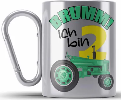 Produktbild von Trendation - 2. Geburtstag Edelstahl Tasse Karabiner Geschenk Becher Zweiter Bday Geschenkidee 2 Jahre Alt Baby Junge Jungs KakaoEdelstahl Tasse Karabiner Traktor (Silber)