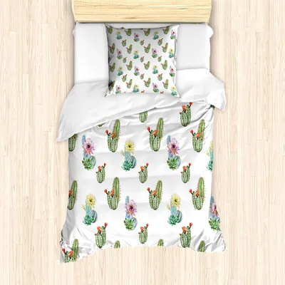 Immagine prodotto di ABAKUHAUS Set copripiumino Cactus, Thorny Vintage Hawaiian Immagine di succulente in fiore e bouquet di cactus, 135 x 200 cm + 80 x 80 cm, multicolore