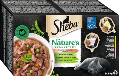 Produktbild von Sheba Nature's Collection Mixed Flavours - Nassfutter für ausgewachsene Katzen, in Sauce mit Huhn garniert mit rotem Paprika, mit Lachs garniert mit Erbsen Schale 4 x 8 x 85g