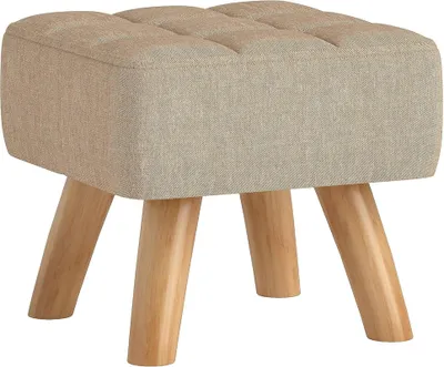 Produktbild von Sitzhocker quadratisch mit Sitzkissen, Holzbeine, Fu?hocker Leinenoptik, Braun