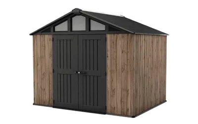 Produktbild von Keter Summit 10×8 Gartenhaus – Stahlverstärkt – DecoCoat Pinienholzoptik – 305×243×251 cm – Extra breite Türen, Fenster & Bodenplatte