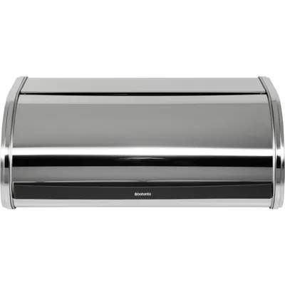 A front view of a shiny silver bread bin with a black stripe across the bottom.