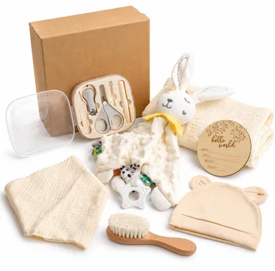 Produktbild von 7-in-1 geborenen Geschenkset Baby Geschenke Geburt tral | Baby Shower Geschenkbox mit Mullwickeltuch Lätzchen Mütze Meilensteinkarte Haarbürste Nagelpflegeset Beige