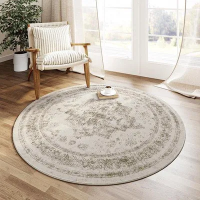 Zdjęcie produktu dla Dywan Vintage Rundes w kolorze taupe, 120 cm, z krótkim włosiem, antypoślizgowy, do sypialni