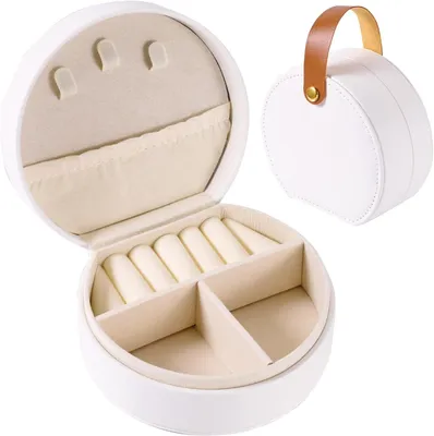 Produktbild von Schmuckkästchen - 10x9x4,5 cm - Tragbare Schmuckbox mit Reißverschluss - 5 Fächer - Kunstleder - Mit Tragegurt - Für Ringe,Ohrringe/Halsketten - Weiß