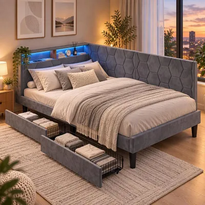 Obrázok produktu pre Čalúnená posteľ, lôžko s úložným priestorom, 90x200 cm, s LED osvetlením. Čalúnená posteľ, rozťahovacia sedačka, jednolôžko s 2 zásuvkami a úložným priestorom. Posteľ pre mládež, lôžko s úložným priestorom a USB portom. Posteľ pre hostí, sivá