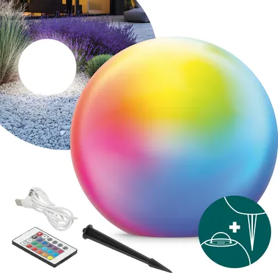 A large, multicolored sphere light is shown in a garden setting, with accessories like a remote control and USB cable displayed separately.