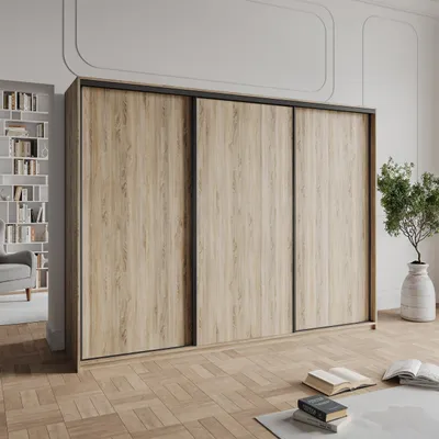 Produktbild von Masseno Schiebetürenschrank NISSE 270/205/60 cm Kleiderschrank mit Schubladen Schlafzimmer Schrank 3-türig Sonoma Eiche + Schwarz