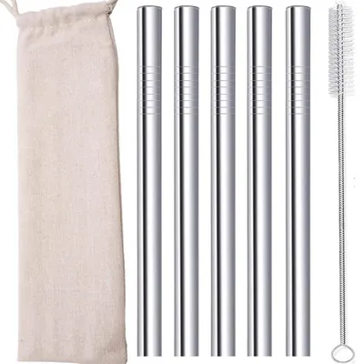 Produktbild von Bubble Tea Strohhalme Edelstahl 12mm Breit 5 Stück mit Silikonspitzen & Bürste Silber
