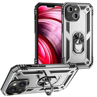 Zdjęcie produktu dla Etui pierścieniowe na iPhone'a 14 - wojskowa ochrona przed wstrząsami, twardy stojak na zewnątrz, srebrny