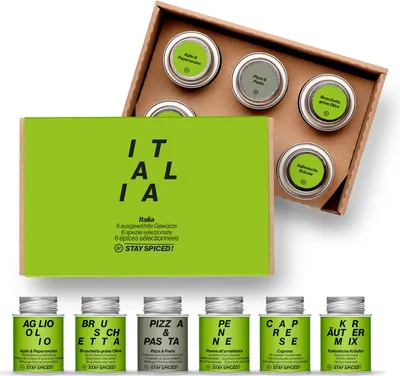 Produktbild von STAY SPICED ! Italia Geschenkbox – 4 Gewürze für italienische Küche – Geschenkset mit Kräutern & Gewürzmischungen für Pasta, Pizza & Mediterran