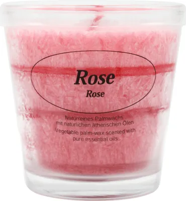 Produktbild von Duftkerze im Glas, 100% pflanzliches Stearin, Rose, KERZENFARM HAHN, mit reinen ätherischen Ölen, Brenndauer ca. 24h