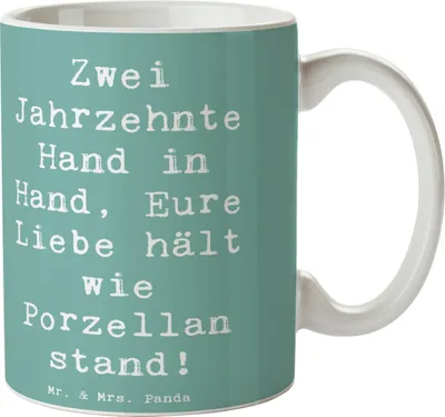 Produktbild von Mr. & Mrs. Panda Frühstücksbecher Spruch 20. Hochzeitstag Porzellanhochzeit - Meeresbrise - Geschenk, Teetasse, Partnerschaft, Geschenke, Heirat, Kaffeebecher, Ehe, Tasse