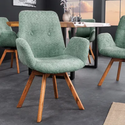 Produktbild von riess- ambiente Drehbarer Design Stuhl BALTIC mint Bouclé natur Eiche Massivholz-Beine mit Armlehne Esszimmerstuhl Essstuhl Polsterstuhl
