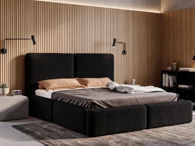 Produktbild von Polsterbett 160x200 mit Bettkasten LIVIA, Stauraum und Metall-Lattenrost – Bouclé Stoff Schwarz