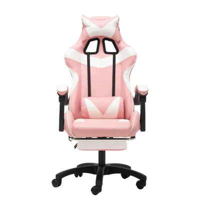 A pink and white gaming chair with cat ears is shown against a white background.