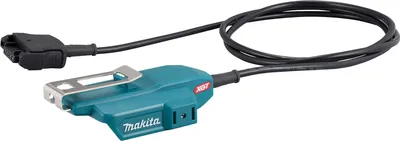 A teal and black power adapter with a cable and connector.