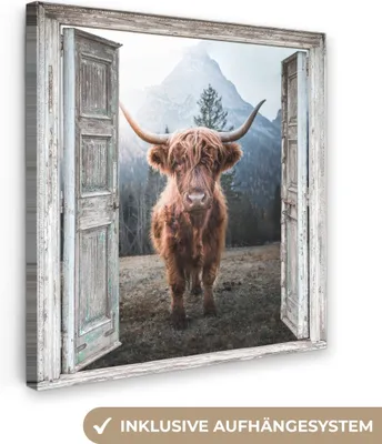 Obrázok produktu pre MuchoWow® - Plátno - Škótsky horal - Krava - Vidiek - Pohľad, obraz na stenu, nástenné dekorácie obrazy obývacia izba, 90x90cm